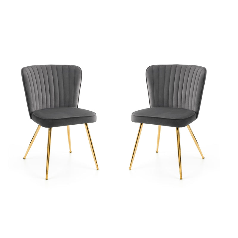 Two gray chairs with gold legs on a white background