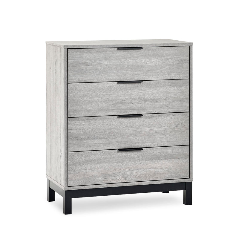 Gray dresser with three drawers on a white background
