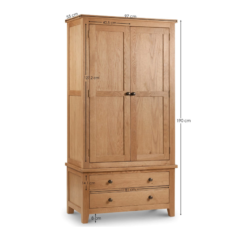 Wooden wardrobe with dimensions on a white background