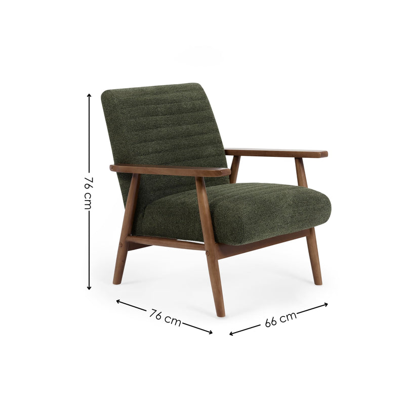 Green armchair with wooden frame and dimensions on a white background