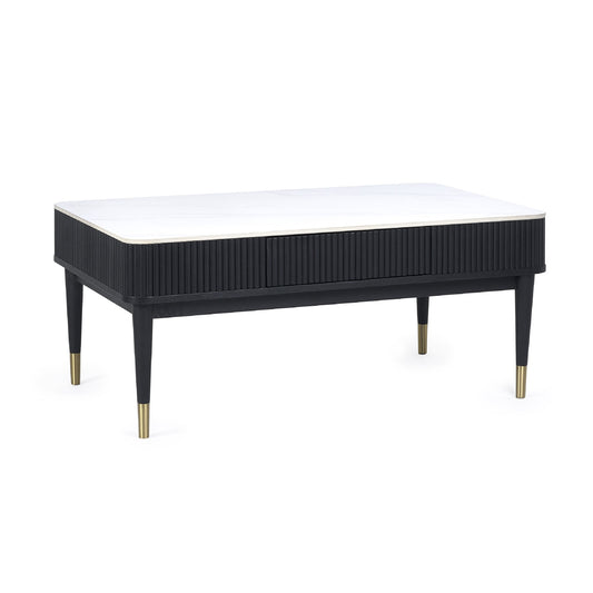 Black coffee table with a white top on a white background