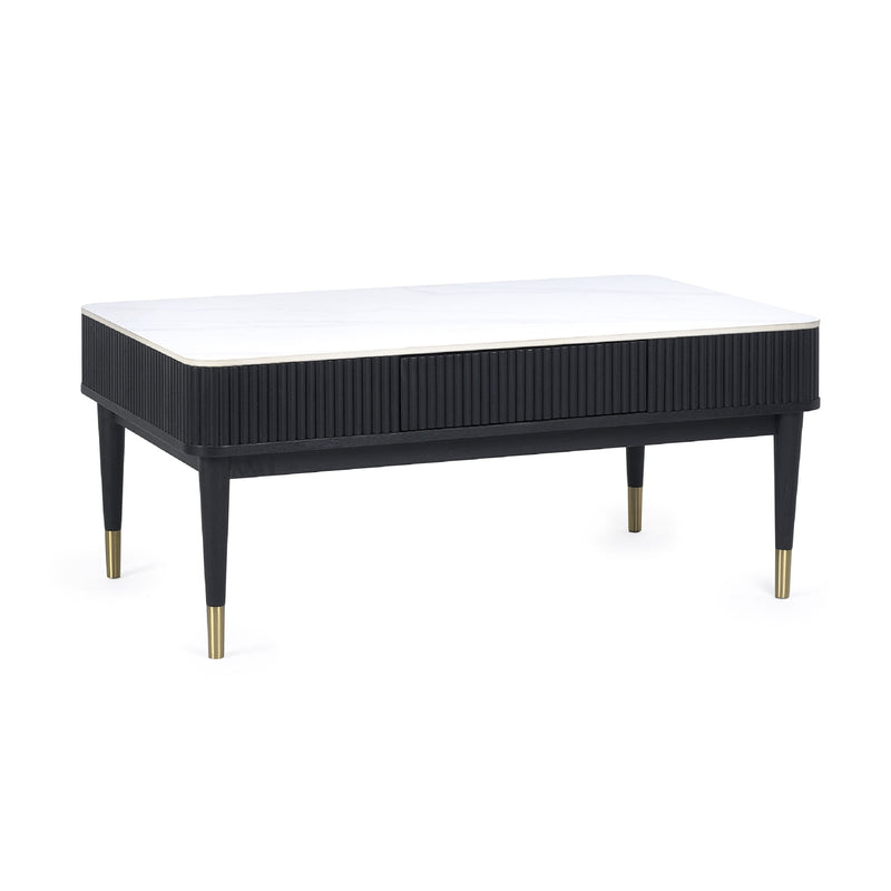 Black coffee table with a white top on a white background
