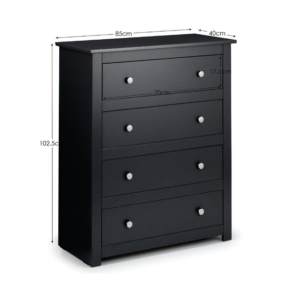 Black dresser with dimensions labeled on a white background