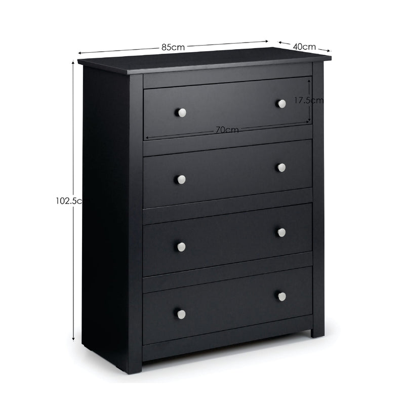 Black dresser with dimensions labeled on a white background