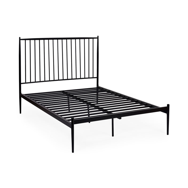Black metal bed frame on a white background