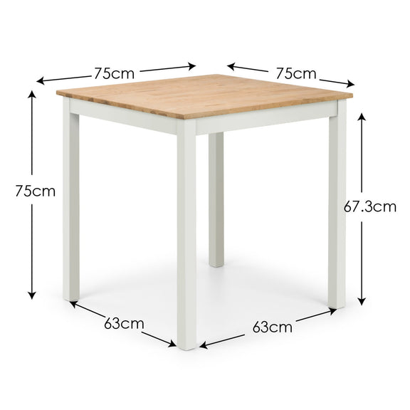 Wooden table with dimensions labeled on a white background