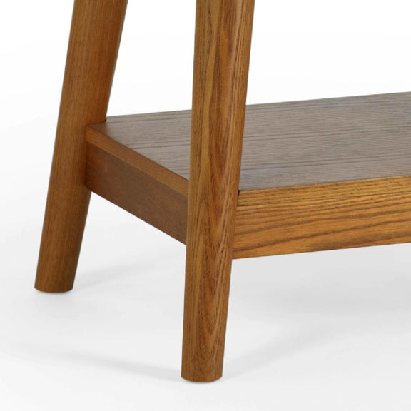 Wooden side table with a white background