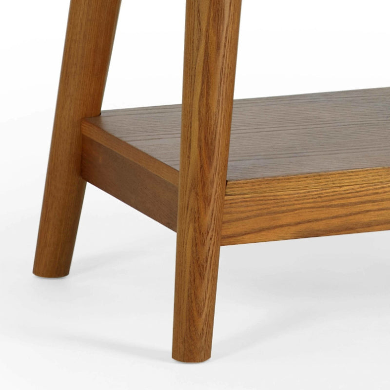 Wooden side table with a white background