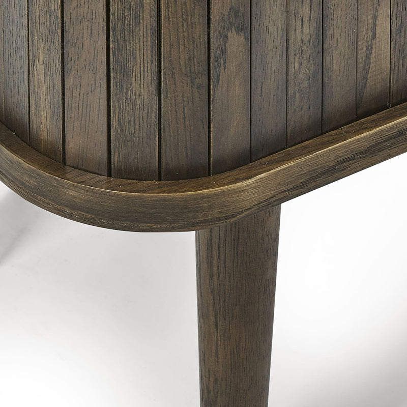 Close-up of a wooden side table with a white background