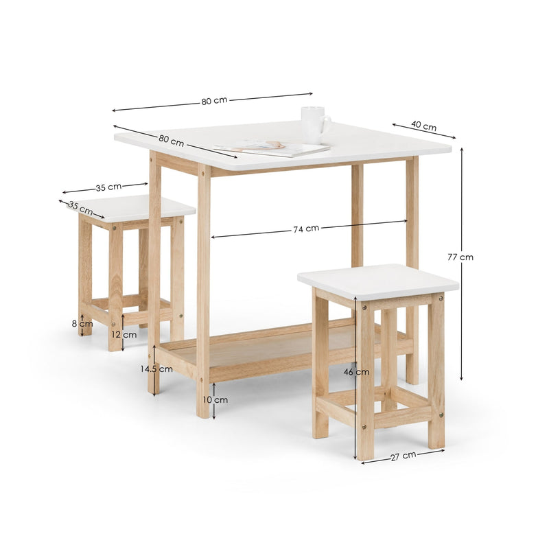 Wooden table with white top and stools, showing dimensions on a white background