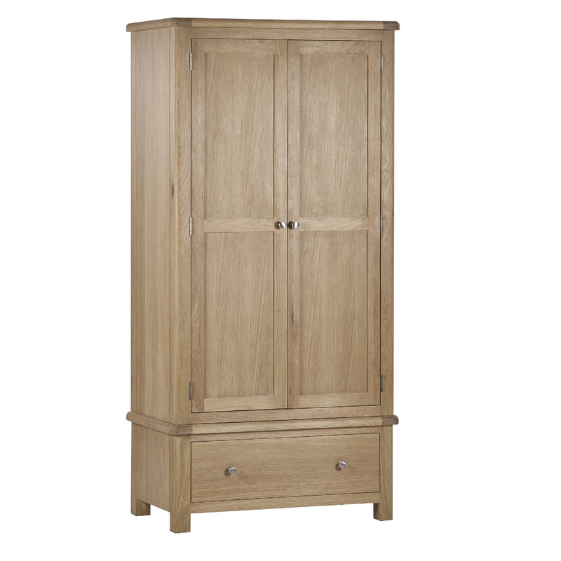 Wooden wardrobe with two doors and a drawer on a white background