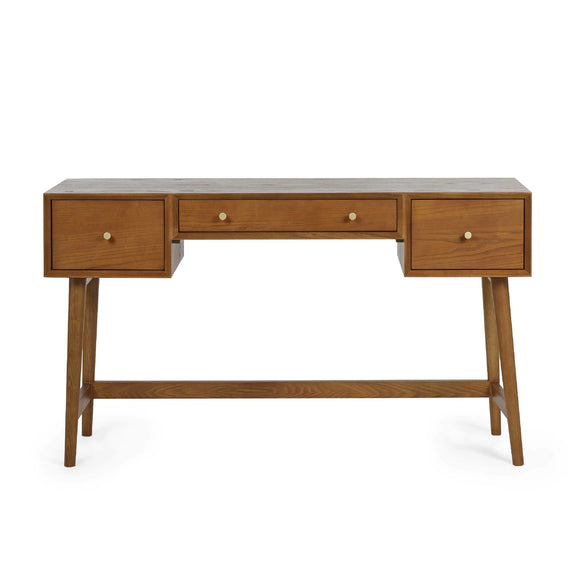 Wooden desk with three drawers on a white background