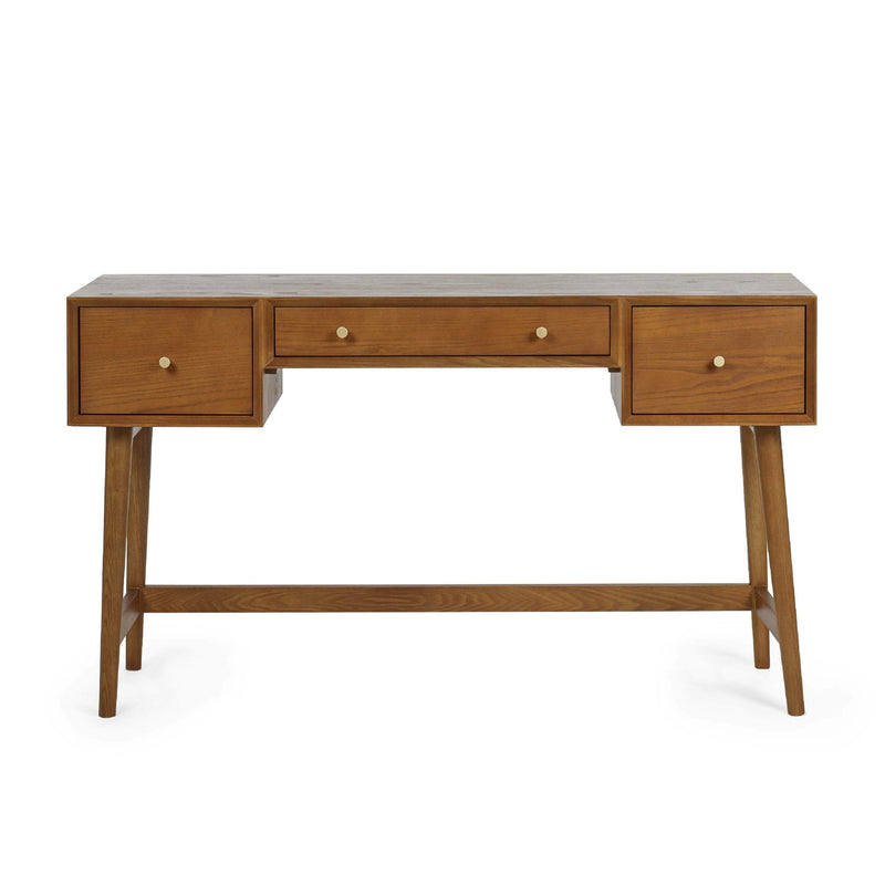 Wooden desk with three drawers on a white background