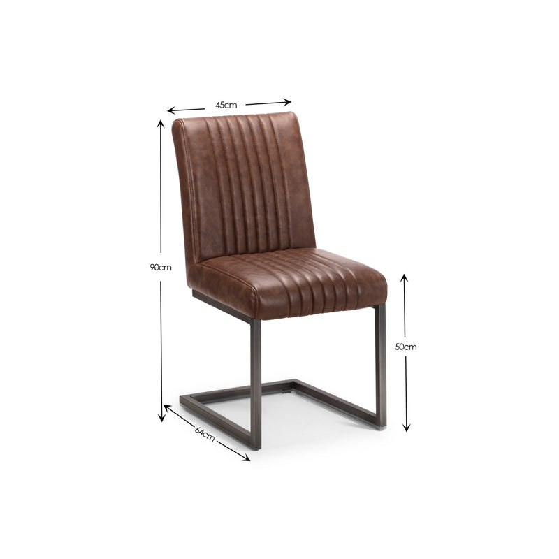 Brown leather chair with dimensions labeled on a white background
