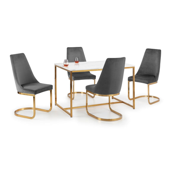 Dining table set with four black chairs on a white background