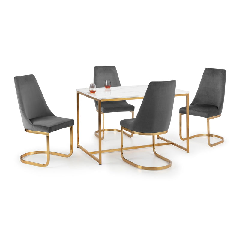 Dining table set with four black chairs on a white background