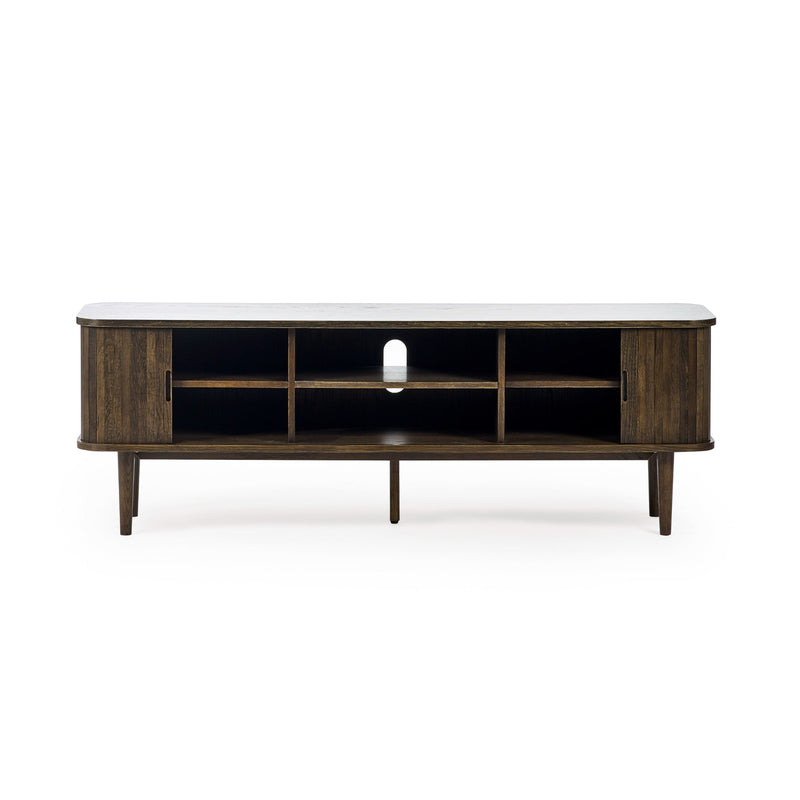 Wooden TV stand with a white top on a white background
