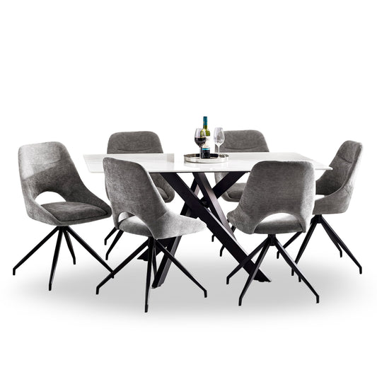 Dining table set with gray chairs on a white background