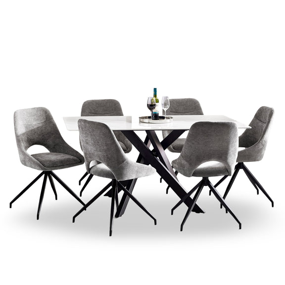 Dining table set with gray chairs on a white background