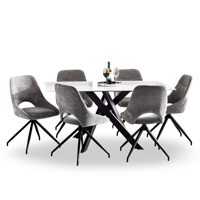 Dining table set with gray chairs on a white background