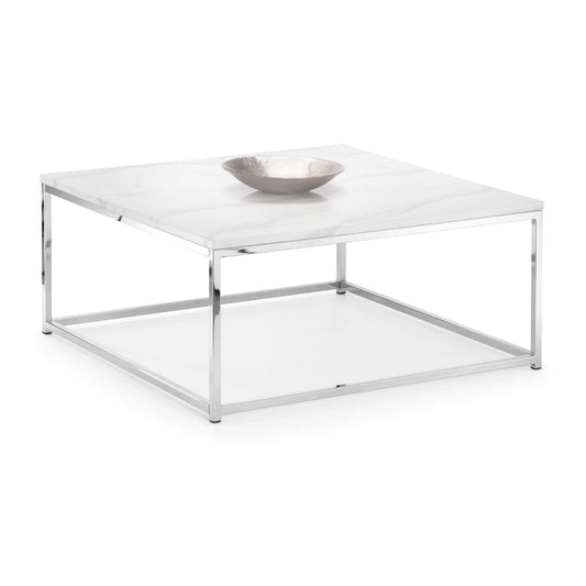 Square glass coffee table with metal frame on a white background