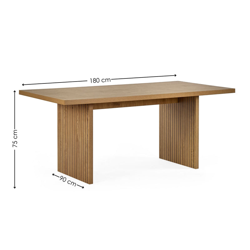 Wooden table with dimensions labeled on a white background