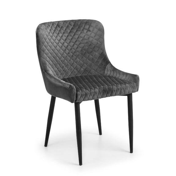 Gray quilted chair with black legs on a white background