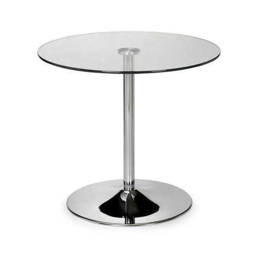 Round glass table with chrome base on a white background