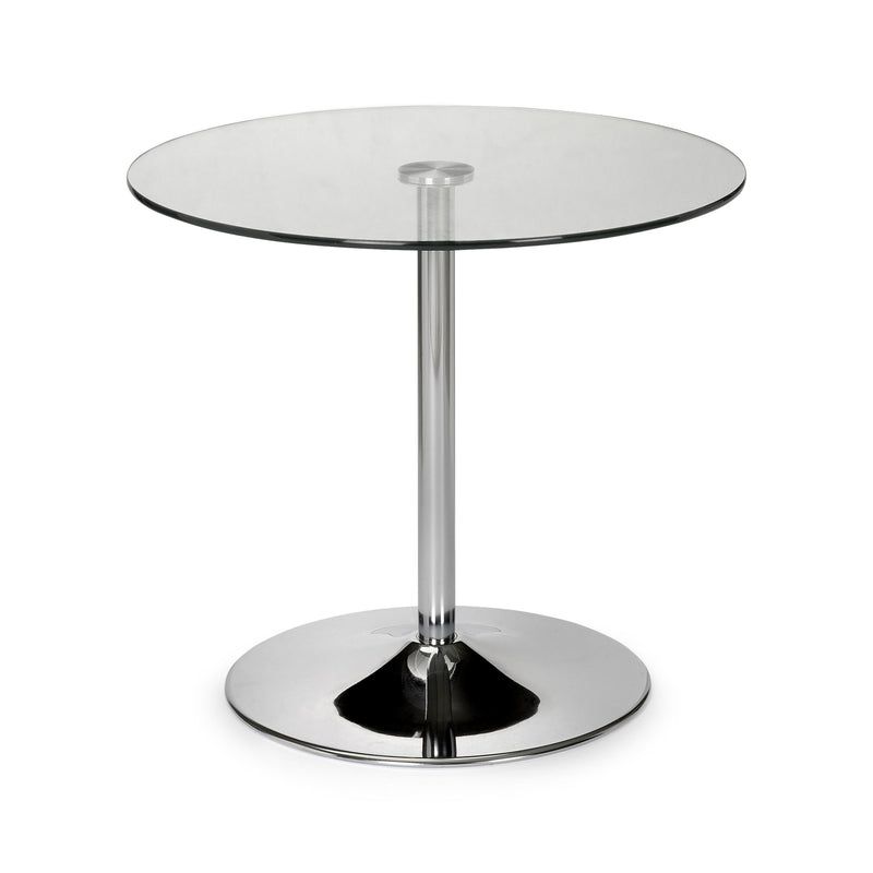 Round glass table with chrome base on a white background