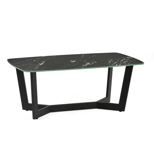 Black marble dining table with black metal legs on a white background