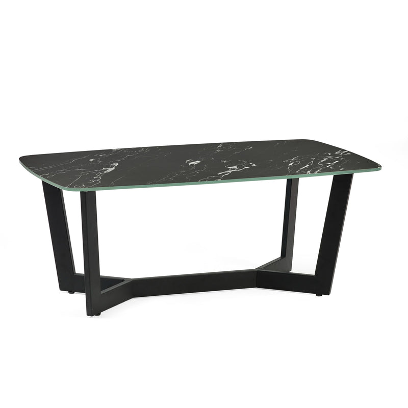 Black marble dining table with black metal legs on a white background