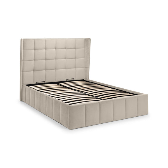 Beige upholstered bed frame on a white background