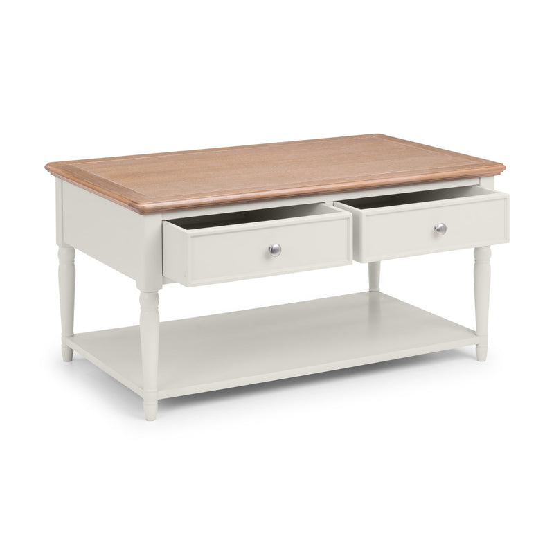 Coffee table with wooden top and white base on a white background