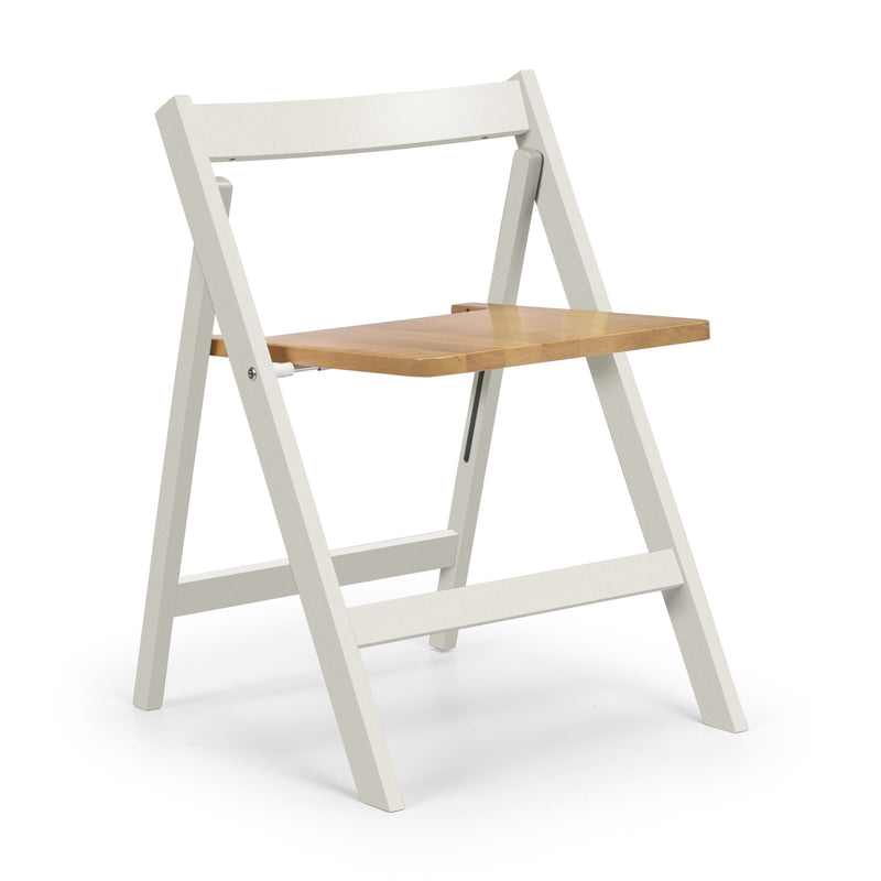 White folding chair with a wooden seat on a white background