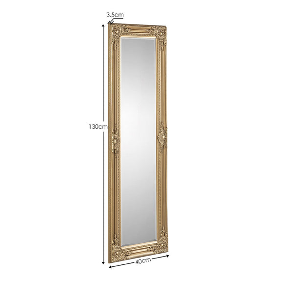 Gold-framed mirror with dimensions on a white background