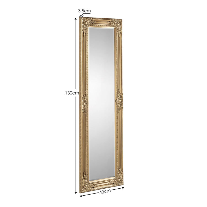 Gold-framed mirror with dimensions on a white background