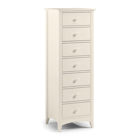 White tall chest of drawers with multiple drawers on a white background