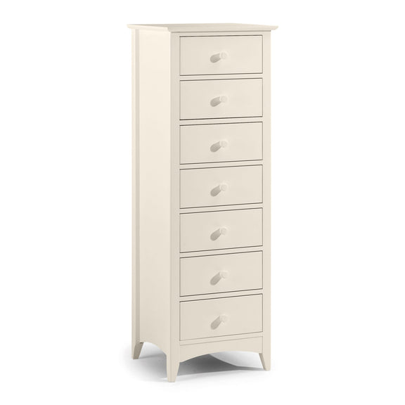 White tall chest of drawers with multiple drawers on a white background