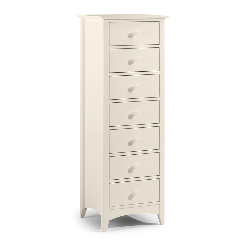 White tall chest of drawers with multiple drawers on a white background