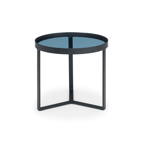Small round table with black metal frame and blue glass top on a white background