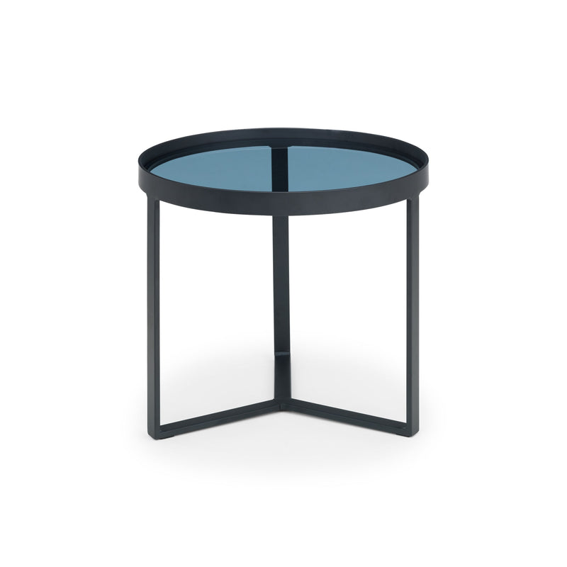 Small round table with black metal frame and blue glass top on a white background