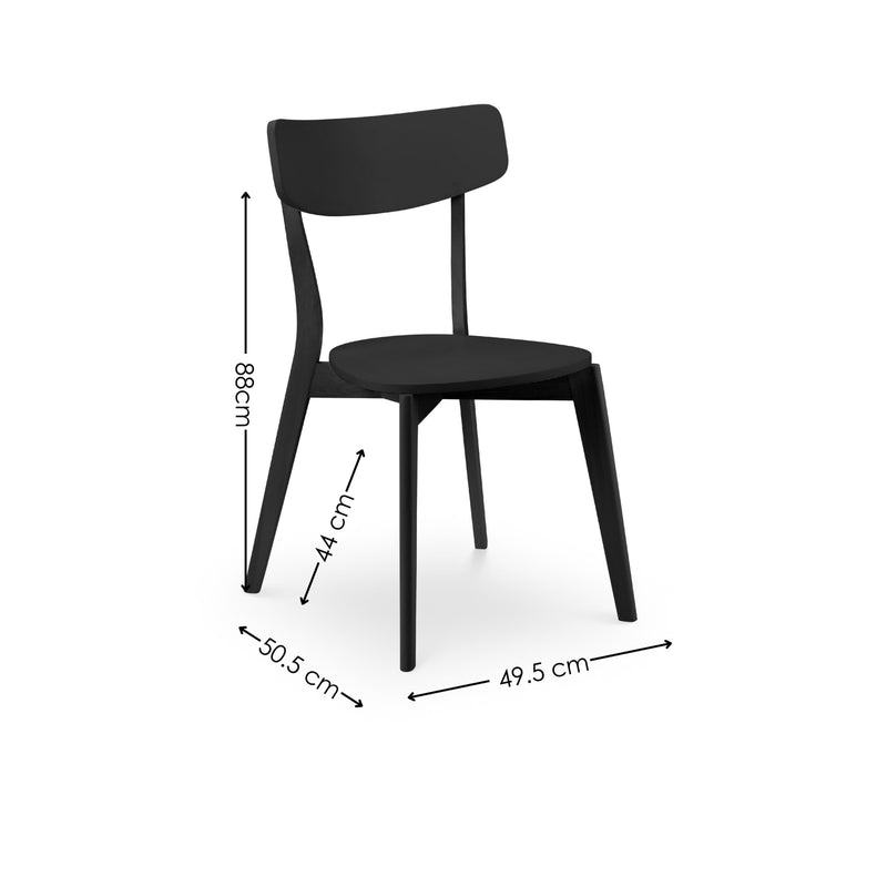 Black chair with dimensions labeled on a white background