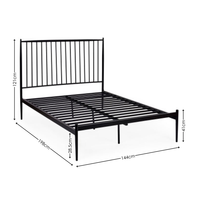 Black metal bed frame with dimensions on a white background