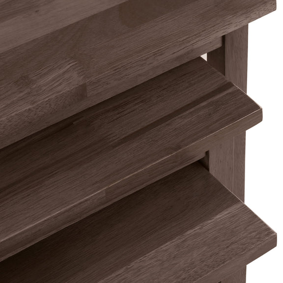 Close-up of a wooden shelf with a natural finish