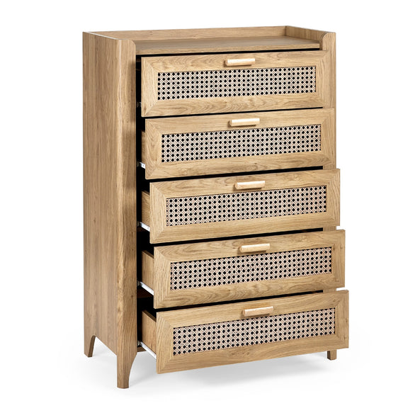 Wooden dresser with wicker-style drawers on a white background