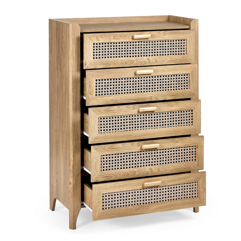 Wooden dresser with wicker-style drawers on a white background
