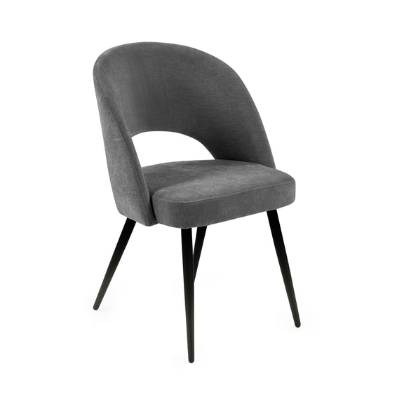 Gray upholstered chair with black legs on a white background