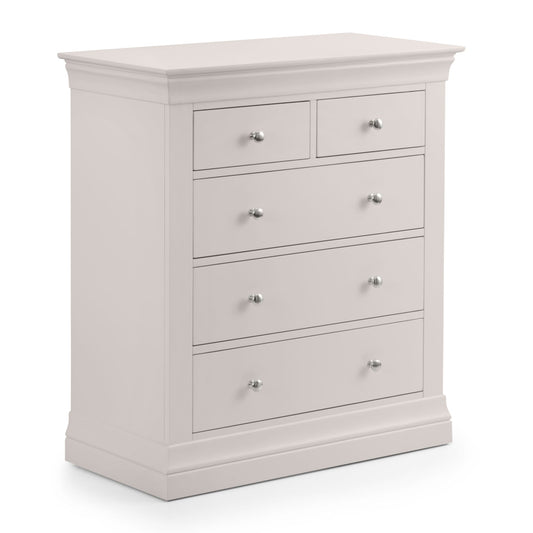 Light gray dresser with multiple drawers on a white background