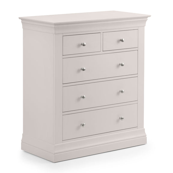 Light gray dresser with multiple drawers on a white background