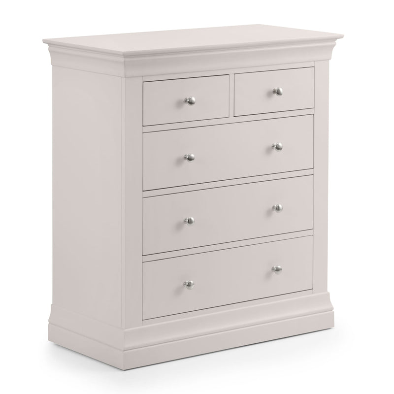Light gray dresser with multiple drawers on a white background